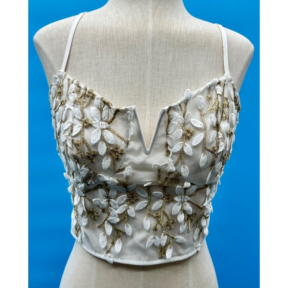 White Gold Floral Embroidered Corset Crop Top Zip Back Small Coquette Festival‎